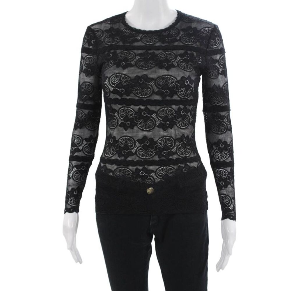 Lover Women Black Floral Crew Neck Long Sleeve Top Gothic Size 2
